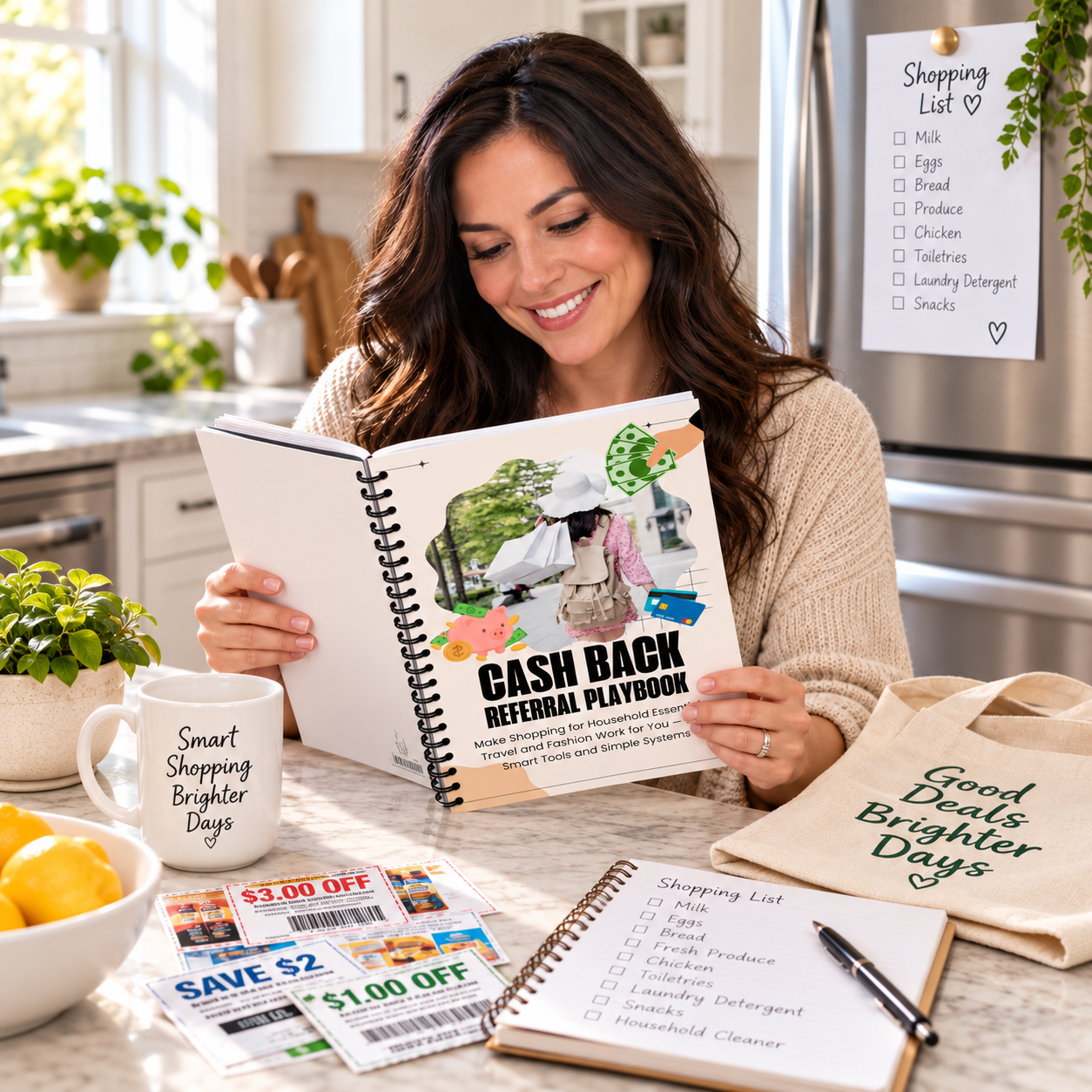 woman reading the Cash Back Referral Playbook as she plans to go shopping.
